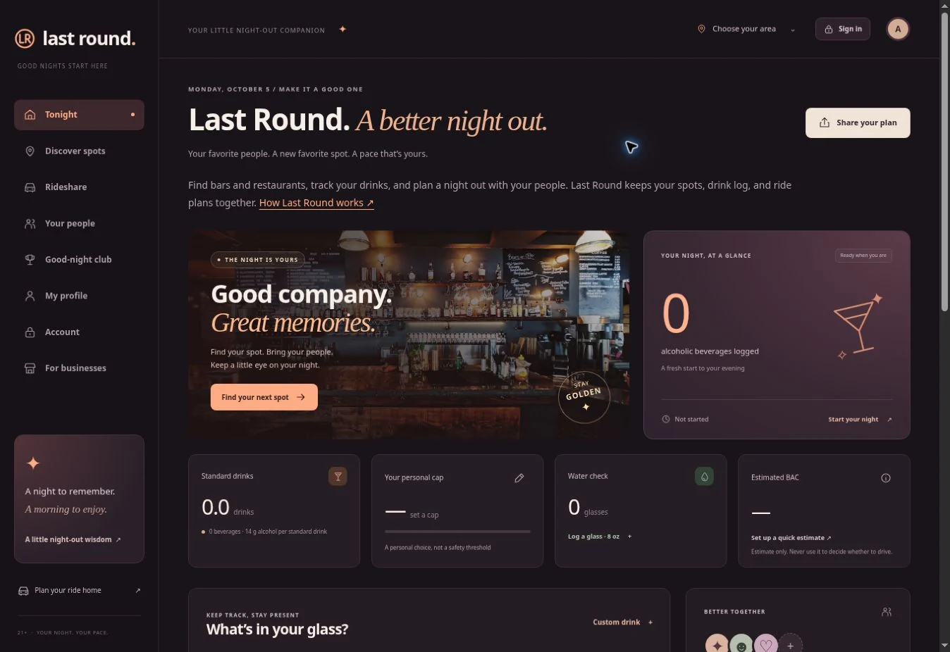 Desktop: Last Round interface with night-out planning, drink tracking, and local venue discovery.