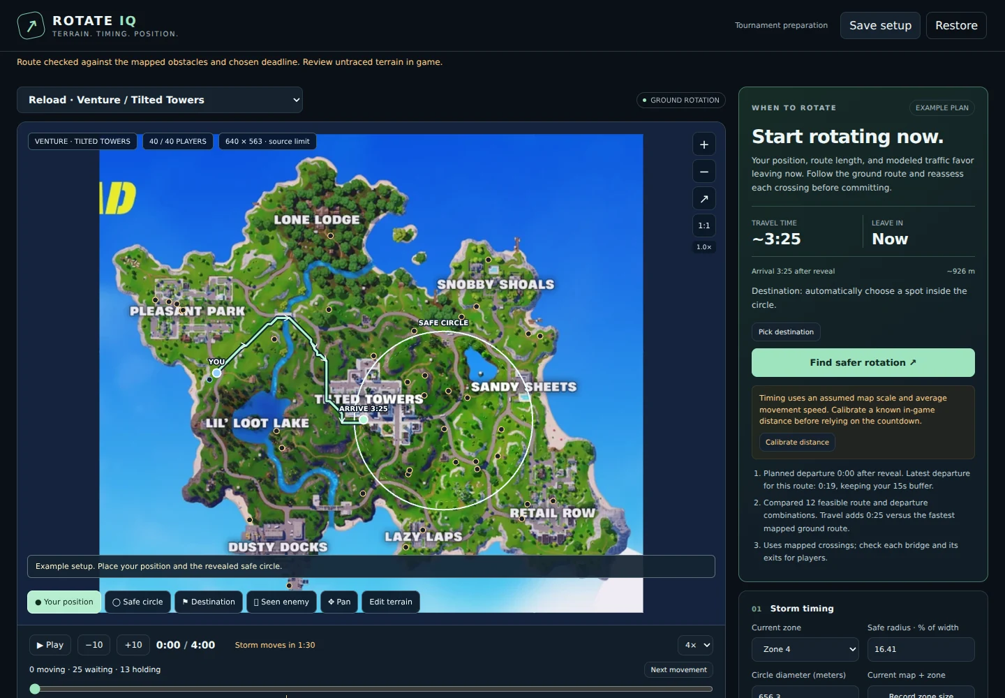Desktop: RotateIQ interface with a Fortnite map, safe-circle editor, and rotation planning controls.