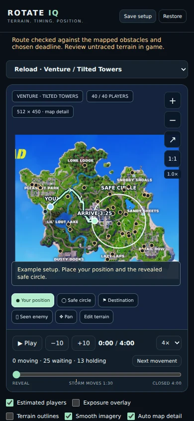 Mobile: RotateIQ interface with a Fortnite map, safe-circle editor, and rotation planning controls.